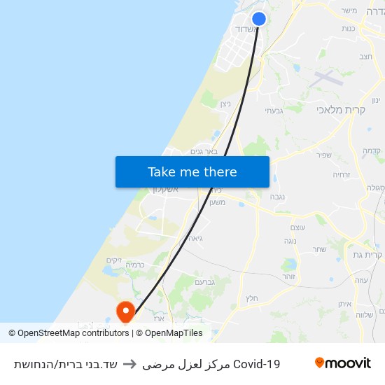 שד.בני ברית/הנחושת to مركز لعزل مرضى Covid-19 map