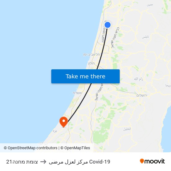 צומת מחנה21 to مركز لعزل مرضى Covid-19 map