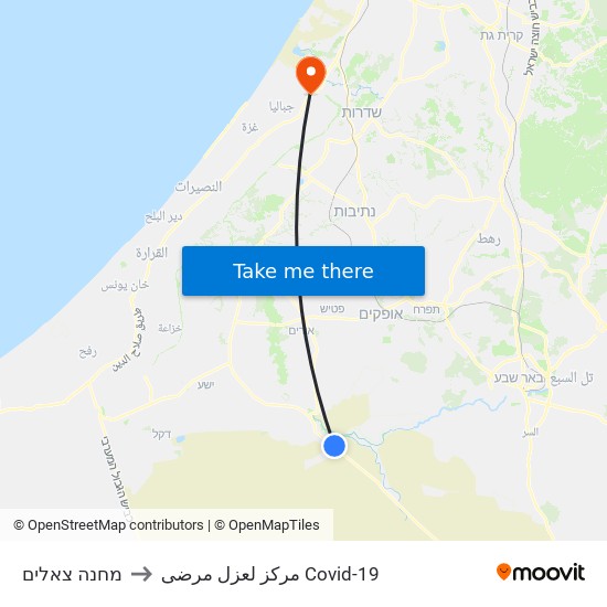 מחנה צאלים to مركز لعزل مرضى Covid-19 map