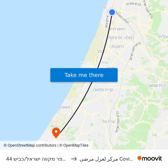 בית ספר מקווה ישראל/כביש 44 to مركز لعزل مرضى Covid-19 map
