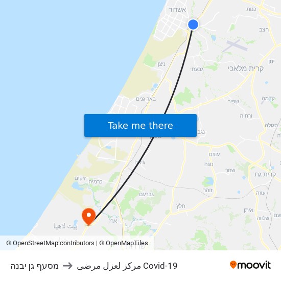 מסעף גן יבנה to مركز لعزل مرضى Covid-19 map