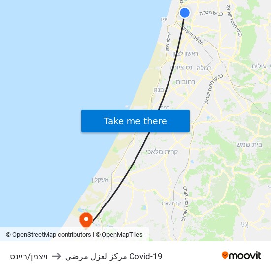 ויצמן/ריינס to مركز لعزل مرضى Covid-19 map