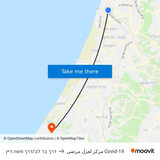 דרך בר לב/דרך משה דיין to مركز لعزل مرضى Covid-19 map