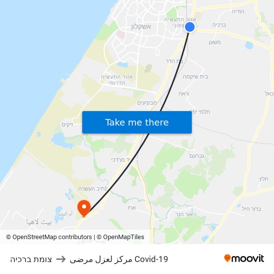 צומת ברכיה to مركز لعزل مرضى Covid-19 map