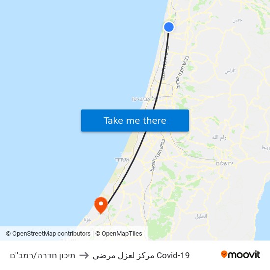 תיכון חדרה/רמב''ם to مركز لعزل مرضى Covid-19 map