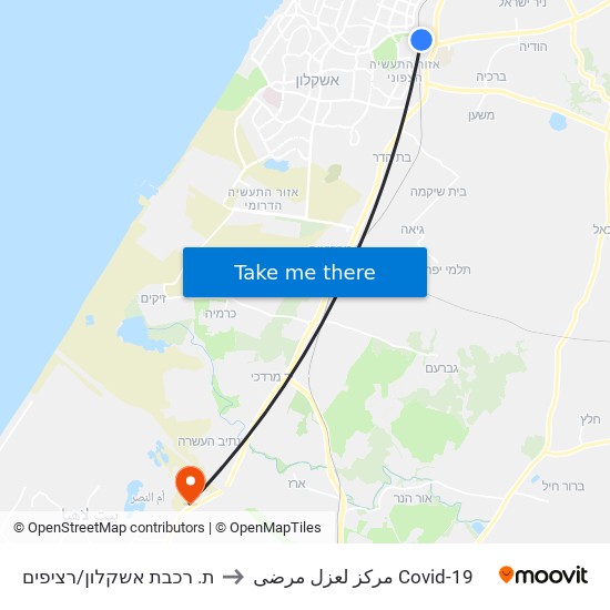 ת. רכבת אשקלון/רציפים to مركز لعزل مرضى Covid-19 map