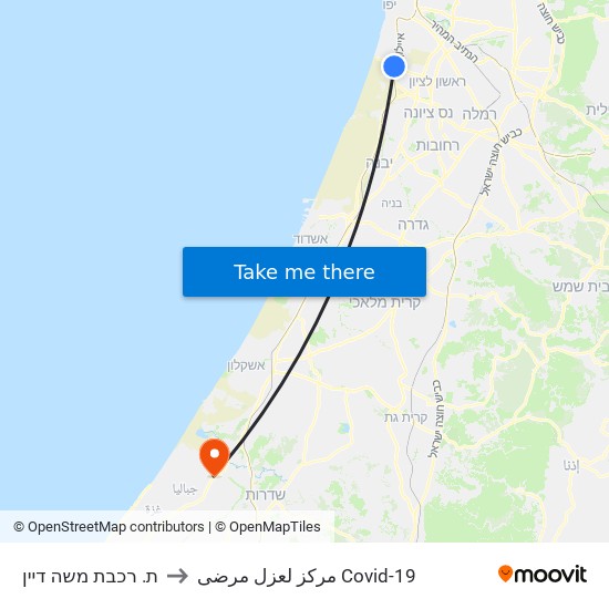 ת. רכבת משה דיין to مركز لعزل مرضى Covid-19 map