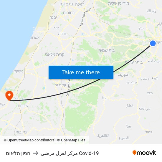 חניון הלאום to مركز لعزل مرضى Covid-19 map