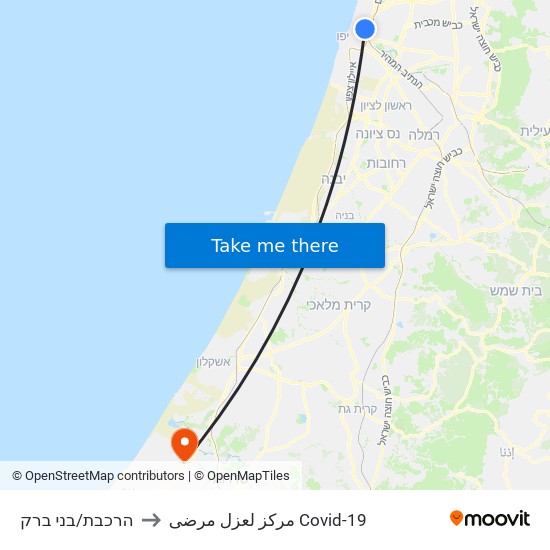 הרכבת/בני ברק to مركز لعزل مرضى Covid-19 map