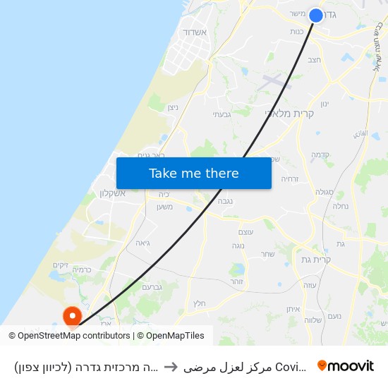 תחנה מרכזית גדרה (לכיוון צפון) to مركز لعزل مرضى Covid-19 map