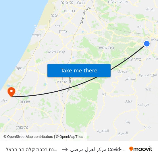 תחנת רכבת קלה הר הרצל to مركز لعزل مرضى Covid-19 map