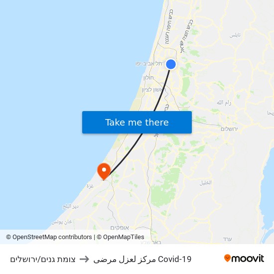 צומת גנים/ירושלים to مركز لعزل مرضى Covid-19 map