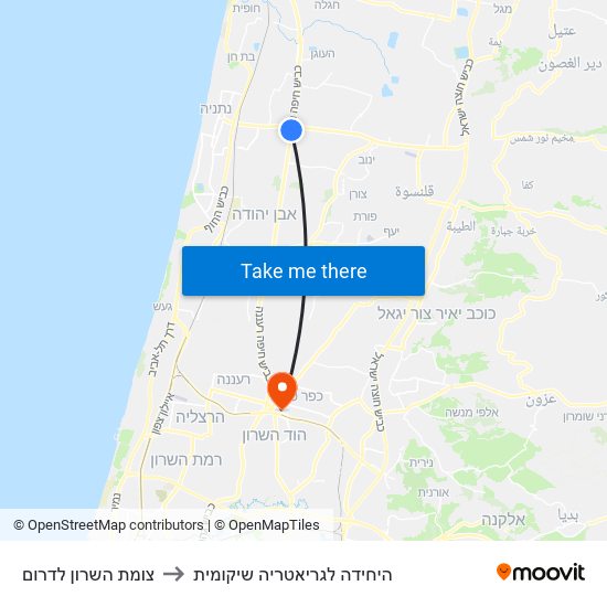 צומת השרון לדרום to היחידה לגריאטריה שיקומית map