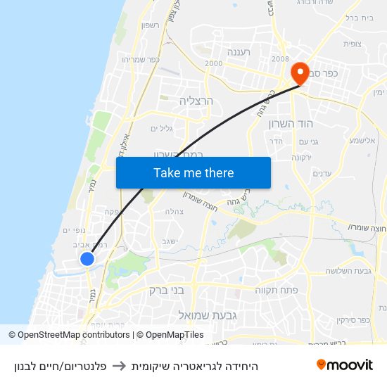 פלנטריום/חיים לבנון to היחידה לגריאטריה שיקומית map