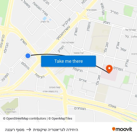 מסוף רעננה to היחידה לגריאטריה שיקומית map