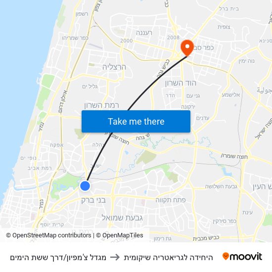 מגדל צ'מפיון/דרך ששת הימים to היחידה לגריאטריה שיקומית map