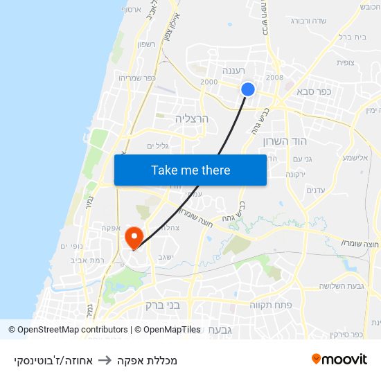 אחוזה/ז'בוטינסקי to מכללת אפקה map