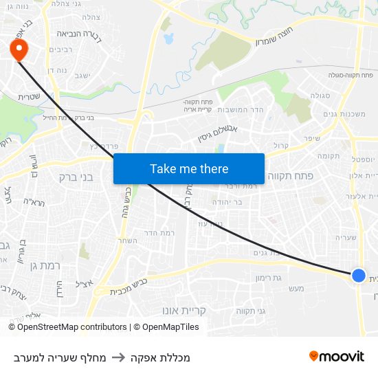 מחלף שעריה למערב to מכללת אפקה map