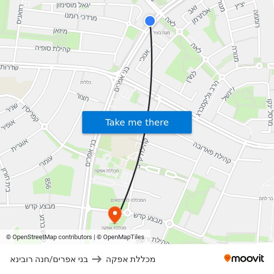 בני אפרים/חנה רובינא to מכללת אפקה map