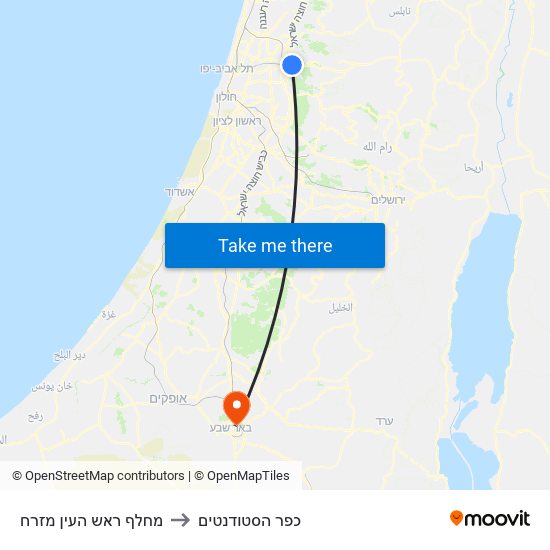 מחלף ראש העין מזרח to כפר הסטודנטים map