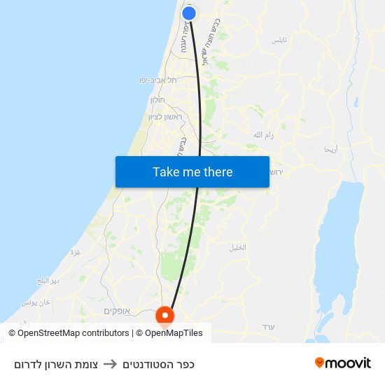 צומת השרון לדרום to כפר הסטודנטים map