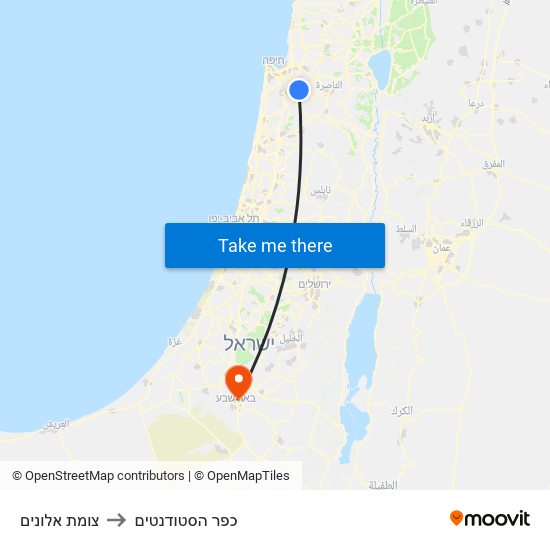 צומת אלונים to כפר הסטודנטים map