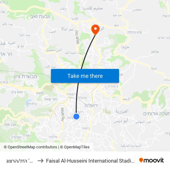 שד' הזז/הרצוג to Faisal Al-Husseini International Stadium map