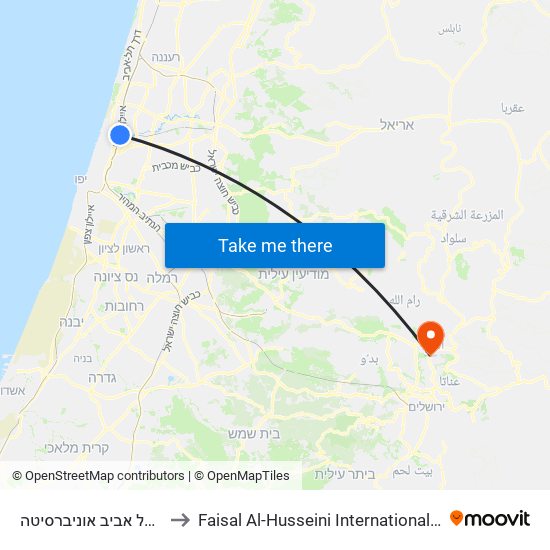 רכבת תל אביב אוניברסיטה to Faisal Al-Husseini International Stadium map