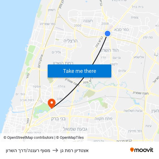 מסוף רעננה/דרך השרון to אצטדיון רמת גן map