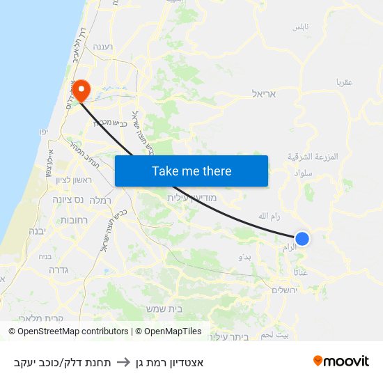 תחנת דלק/כוכב יעקב to אצטדיון רמת גן map