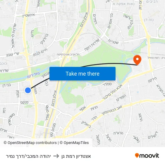 יהודה המכבי/דרך נמיר to אצטדיון רמת גן map