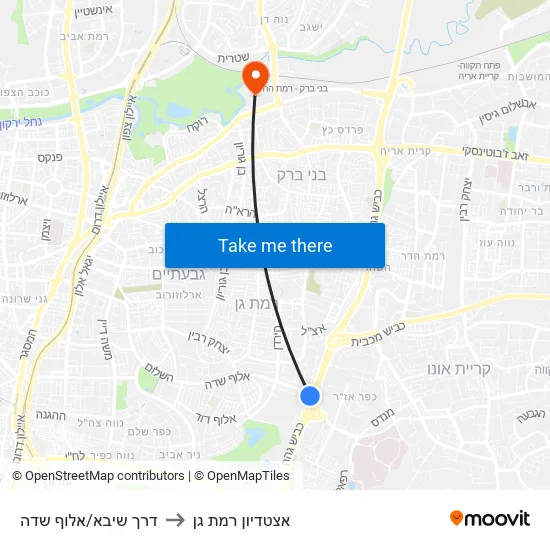דרך שיבא/אלוף שדה to אצטדיון רמת גן map