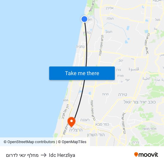 מחלף ינאי לדרום to Idc Herzliya map