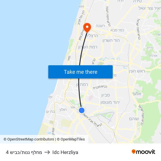 מחלף גנות/כביש 4 to Idc Herzliya map