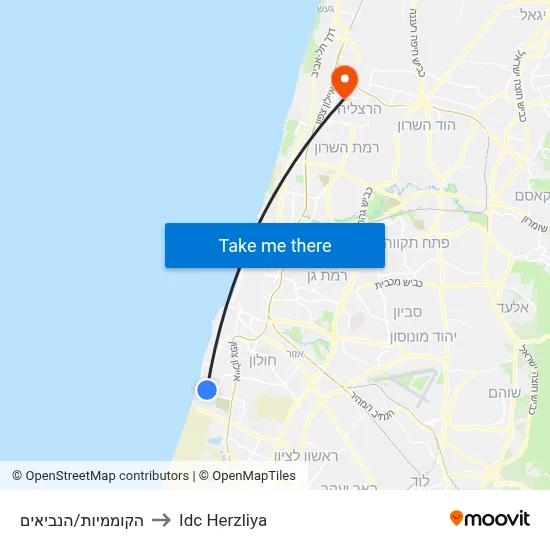 HaKomemiyut/HaNeviim to IDC Herzliya map