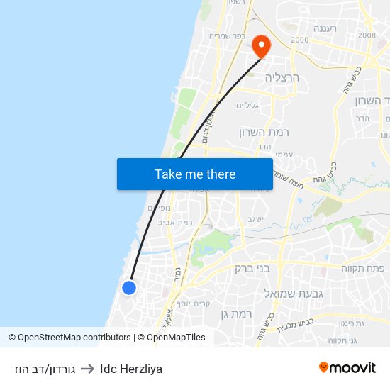 גורדון/דב הוז to Idc Herzliya map