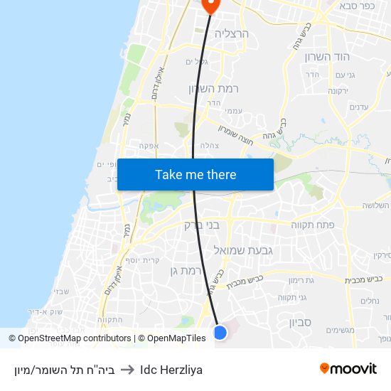 ביה''ח תל השומר/מיון to Idc Herzliya map
