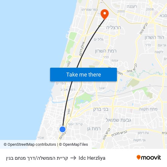 קריית הממשלה/דרך מנחם בגין to Idc Herzliya map