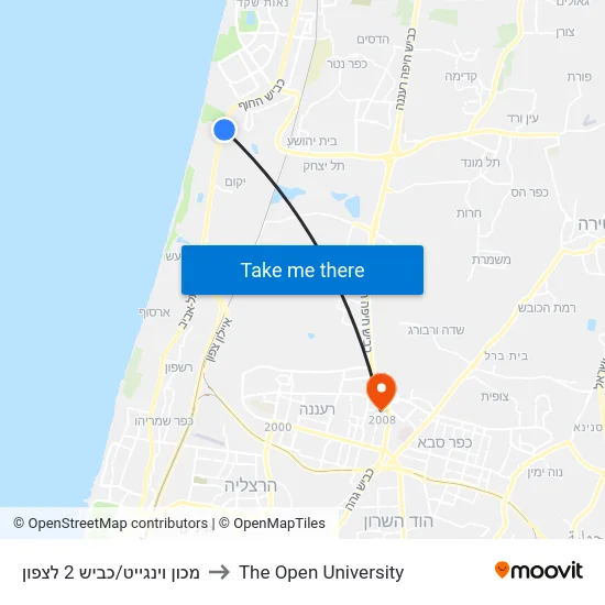 מכון וינגייט/כביש 2 לצפון to The Open University map