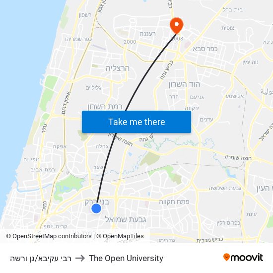 רבי עקיבא/גן ורשה to The Open University map