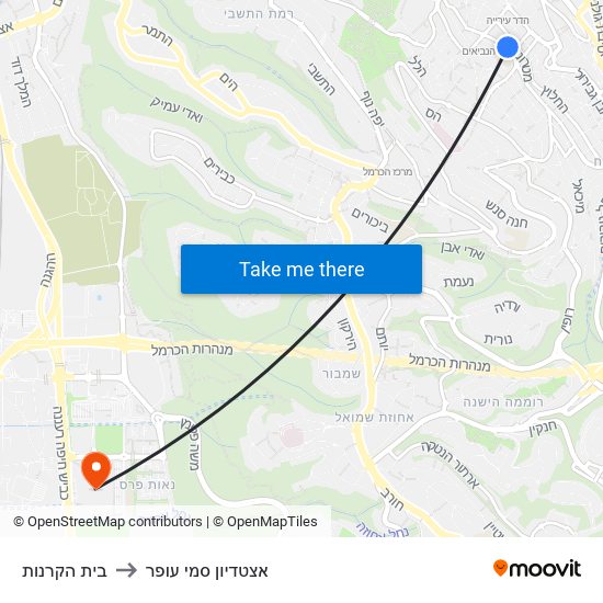 בית הקרנות to אצטדיון סמי עופר map