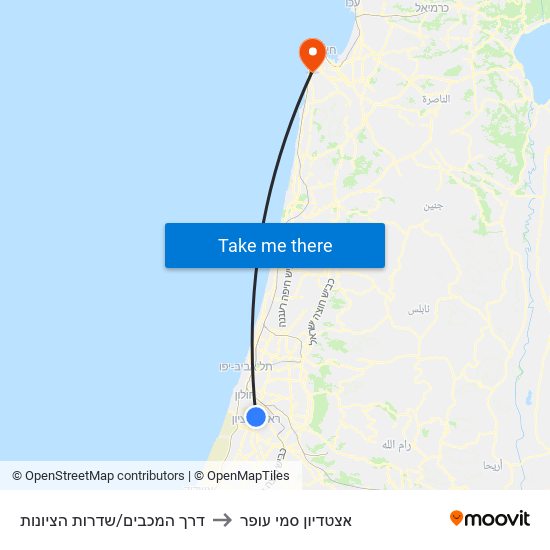 דרך המכבים/שדרות הציונות to אצטדיון סמי עופר map