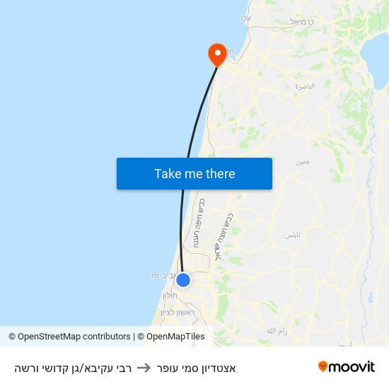 רבי עקיבא/גן קדושי ורשה to אצטדיון סמי עופר map