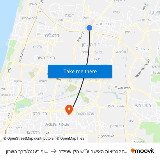 מסוף רעננה/דרך השרון to מרכז לבריאות האישה ע""ש הלן שניידר map