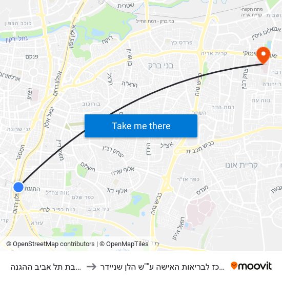 רכבת תל אביב ההגנה to מרכז לבריאות האישה ע""ש הלן שניידר map