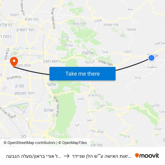 דרך תא''ל אורי בראון/מעלה הגבעה to מרכז לבריאות האישה ע""ש הלן שניידר map