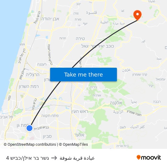 גשר בר אילן/כביש 4 to عيادة قرية شوفة map