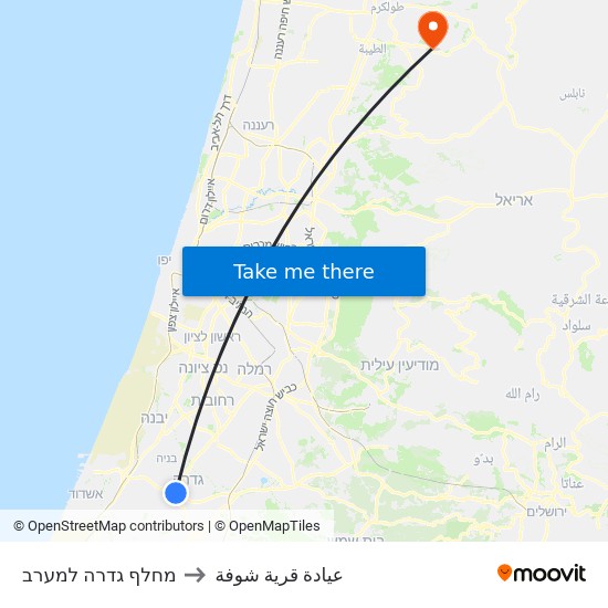 מחלף גדרה למערב to عيادة قرية شوفة map