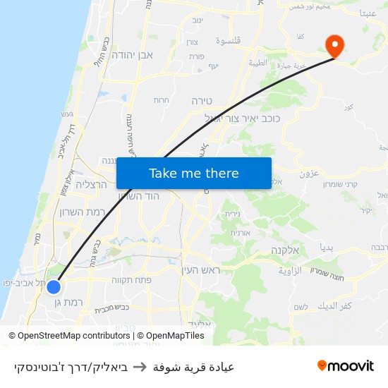 ביאליק/דרך ז'בוטינסקי to عيادة قرية شوفة map