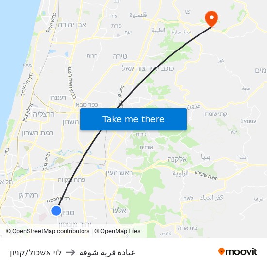 קניון קרית אונו/דרך לוי אשכול to عيادة قرية شوفة map